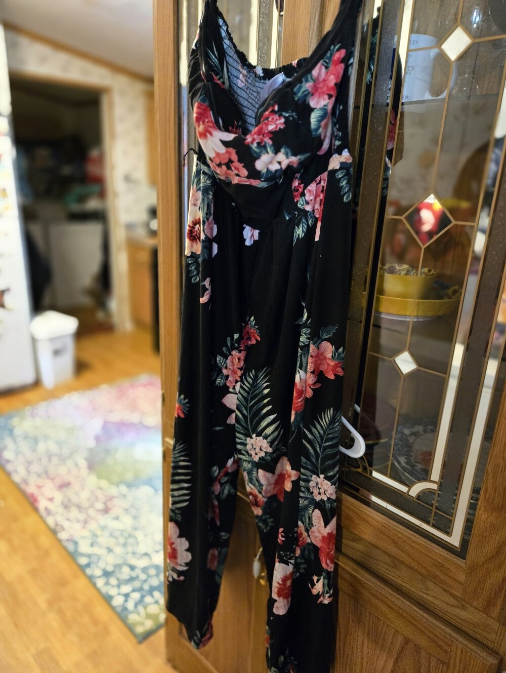 Black Floral Jumpsuit with Pink & Green Print